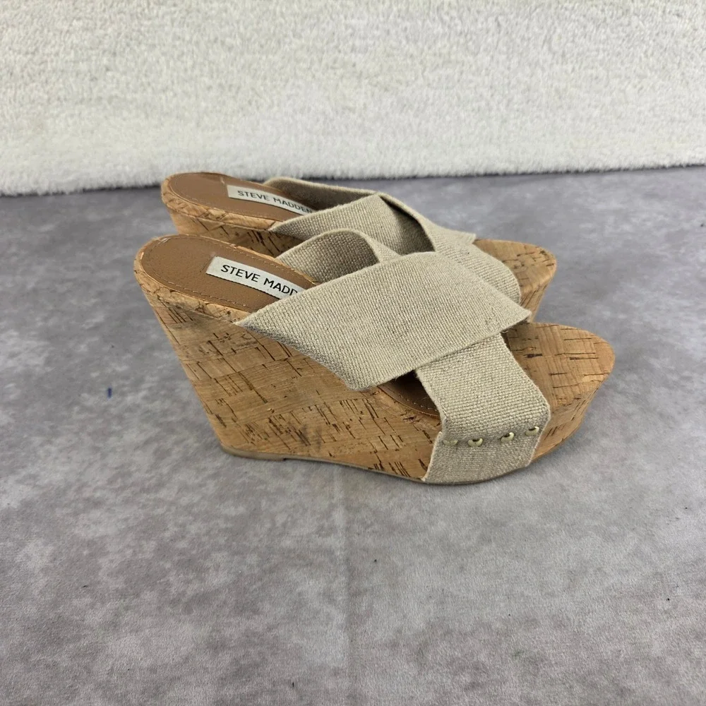 Steve Madden Womens Beige Fabric Crisscross Cork Platform Wedge Sandals S1941